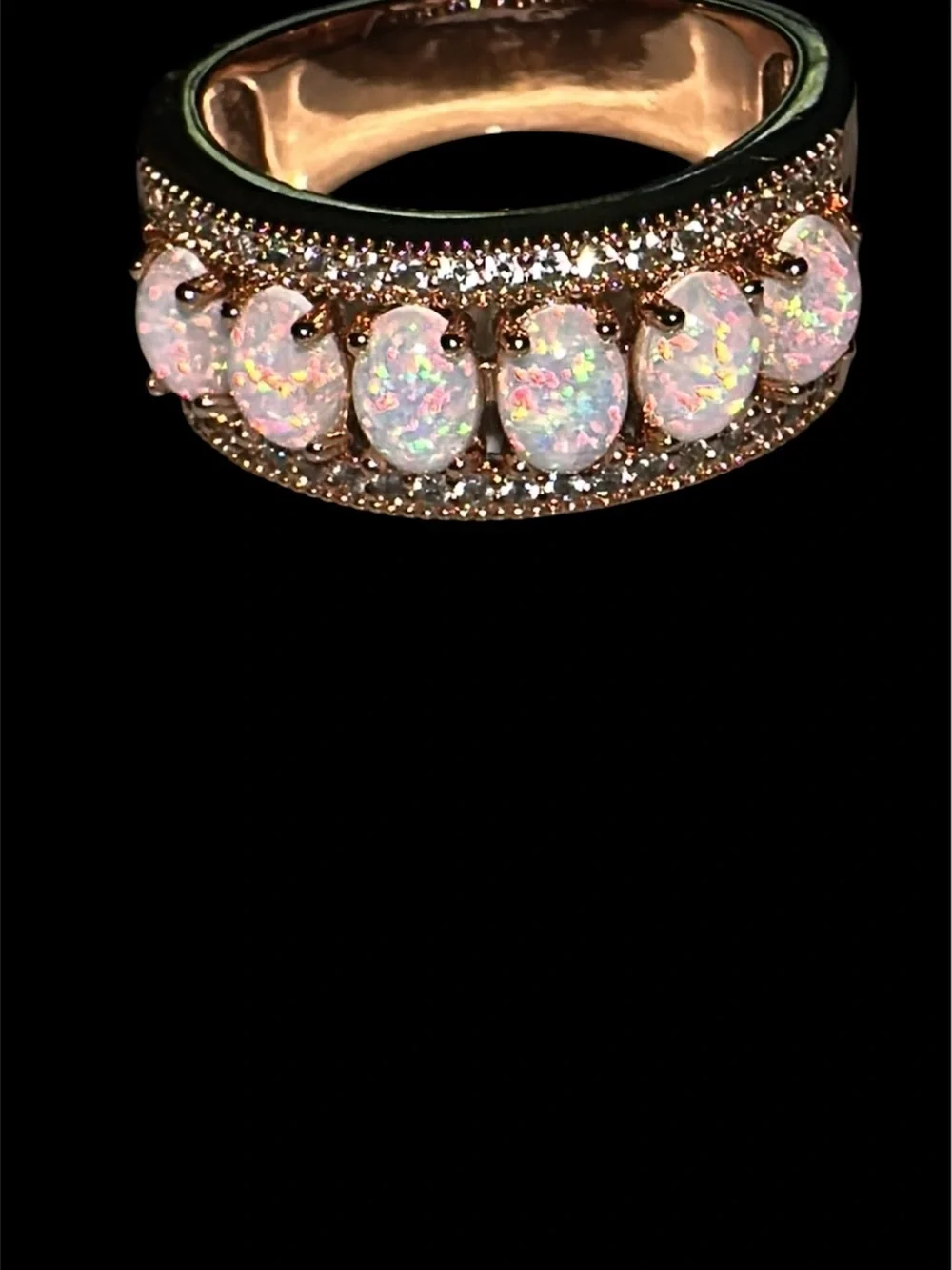 Opal & Cubic Zirconia Rose Gold Band Ring - White Opal Accent